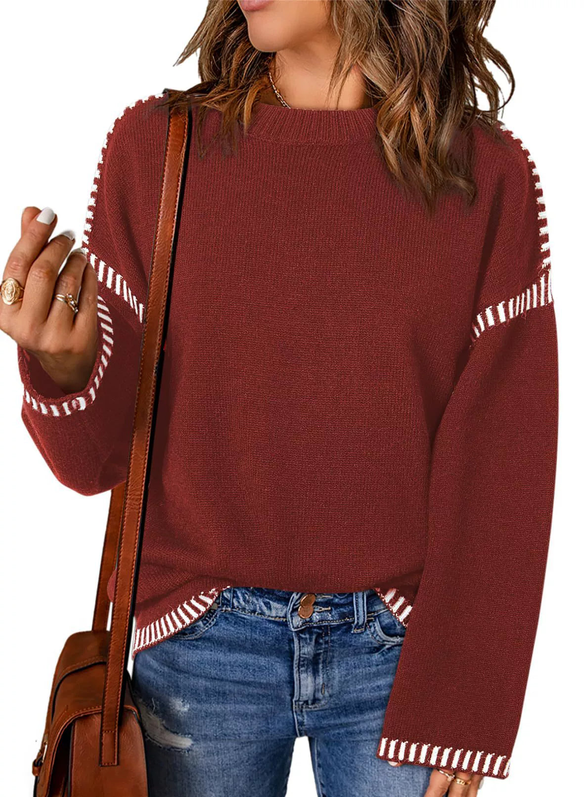 Pull femme – Coupe ample – Maille torsadée – Col rond – Manches longues à rayures