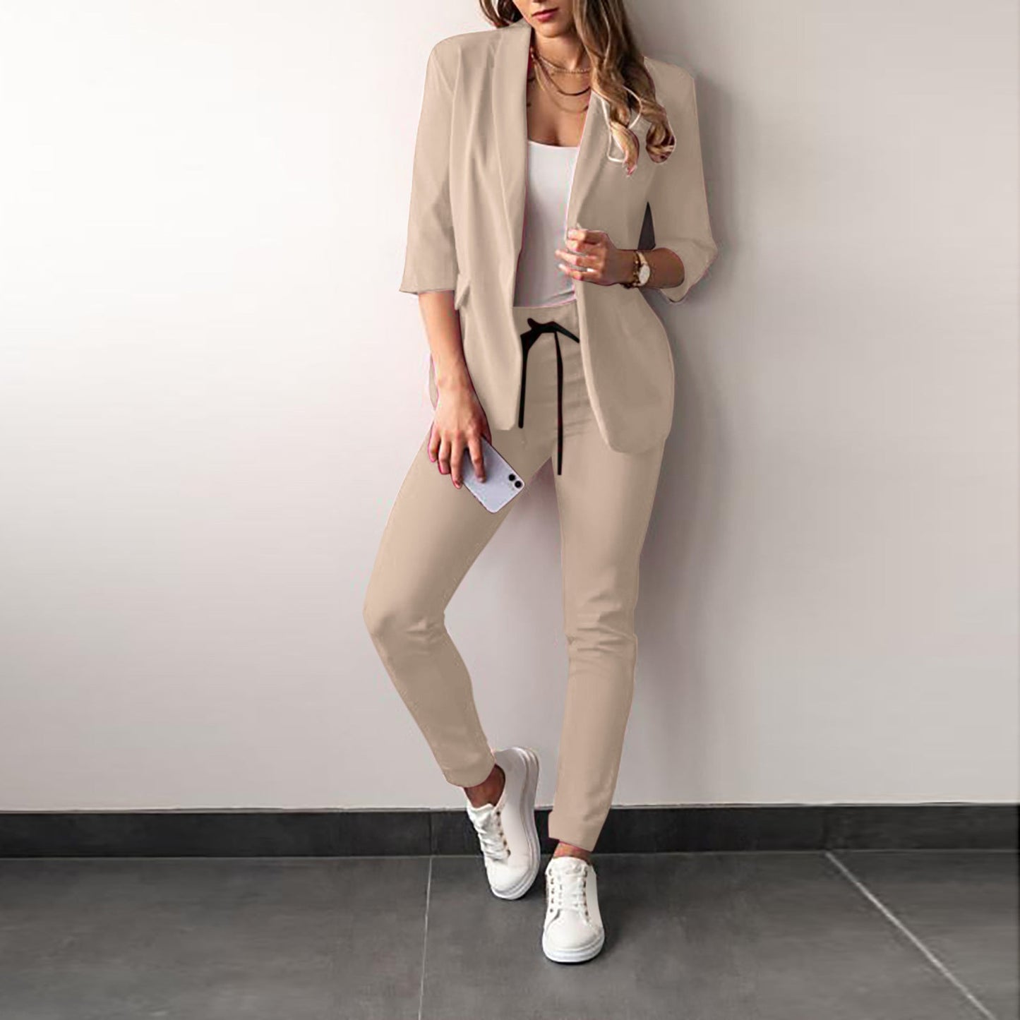 Ensemble Femme 2 Pièces – Blazer Cintré – Tissu Stretch – Manches Trois-Quarts – Coupe Structurée