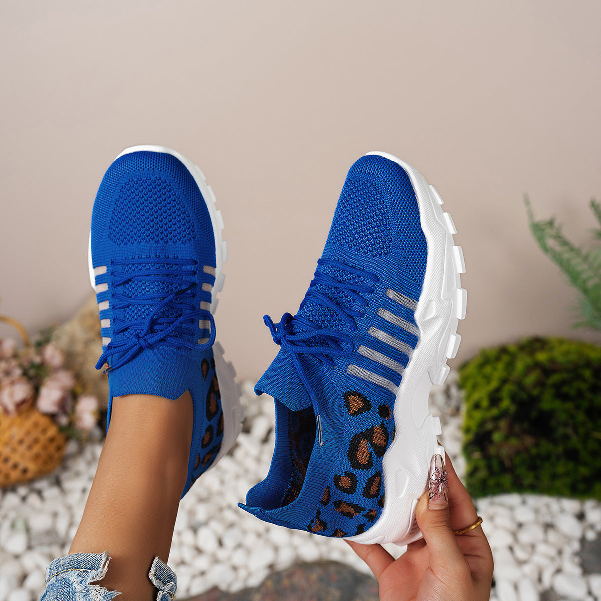 Baskets femme – Flyknit respirant – Semelle ondulée – Imprimé léopard – Basique