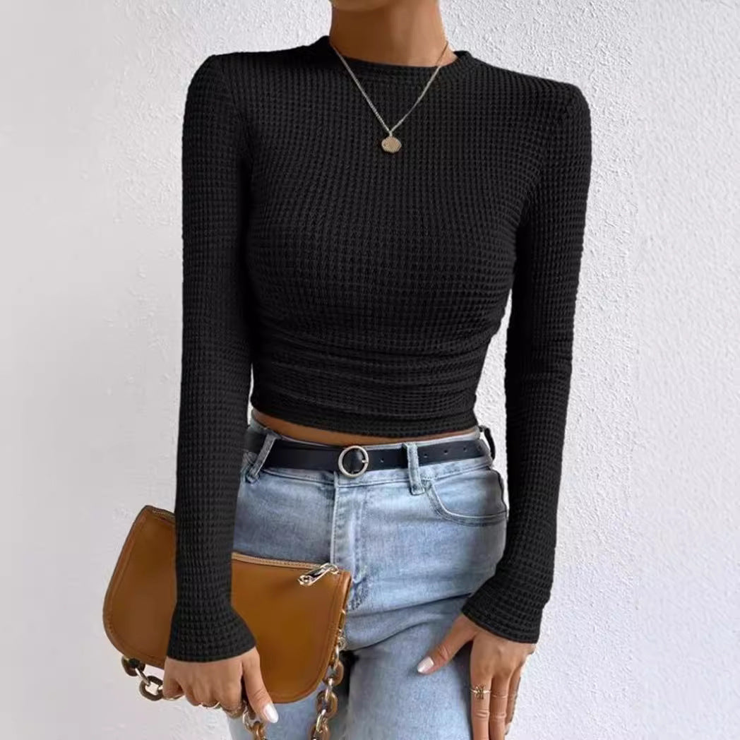 Top court femme – Manches longues – Ajusté – Taille froncée – Maille texturée douce