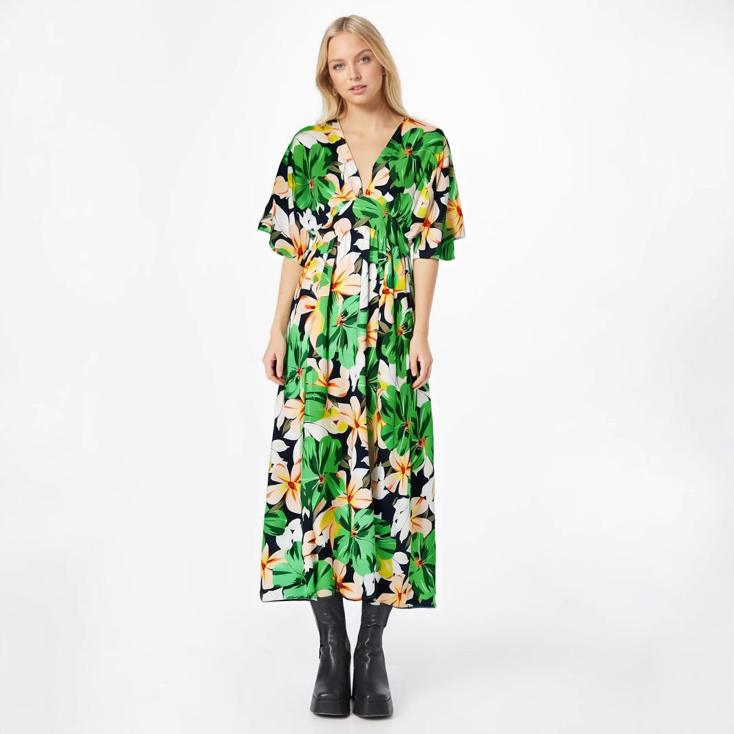 Robe femme midi – Taille haute – Manches courtes larges – Col en V – Fendue imprimée