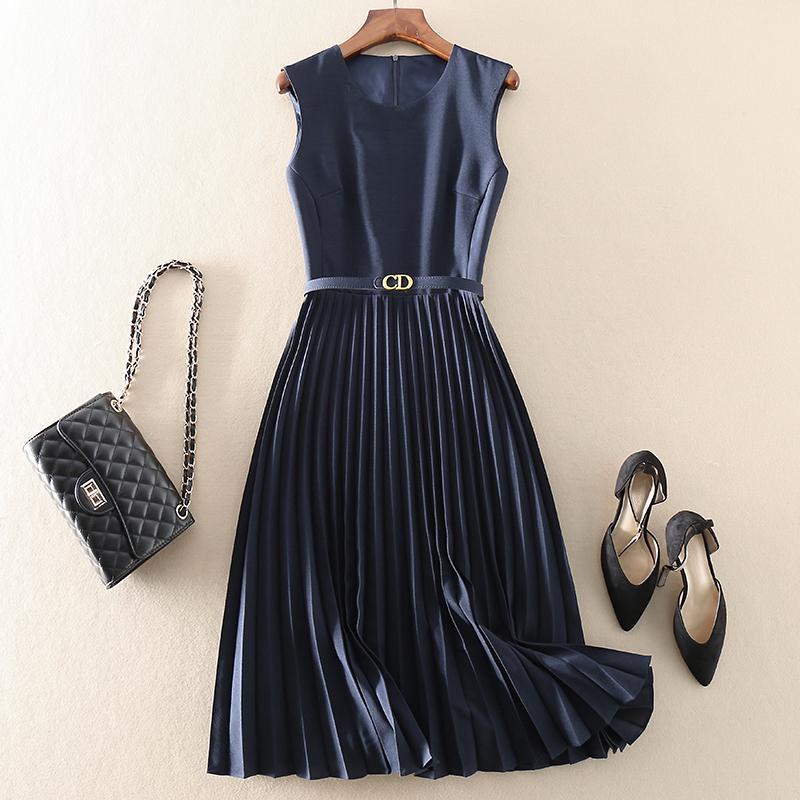 Robe midi femme – Tissu luxueux – Sans manches – Plissé – Coupe évasée élégante