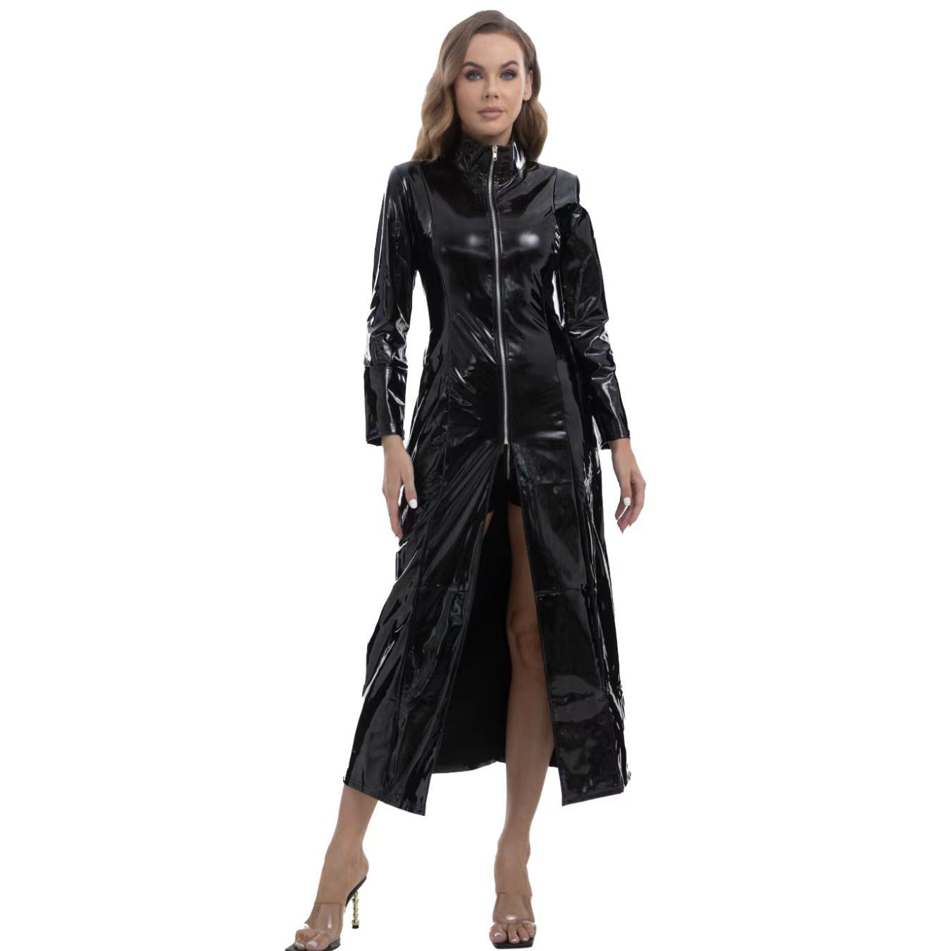 Veste longue en cuir brillant pour femme - Fermeture éclair intégrale - Col montant