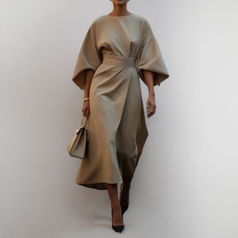 Robe longue femme – Taille cintrée – Manches chauve-souris – Drapé fluide élégant