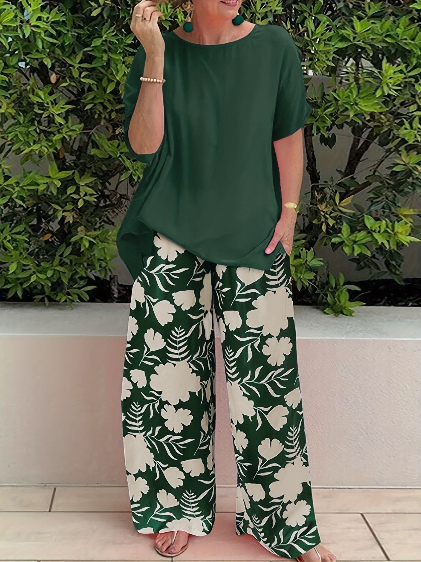 Pantalon large femme – Coupe fluide – Imprimé floral – Tissu lin léger