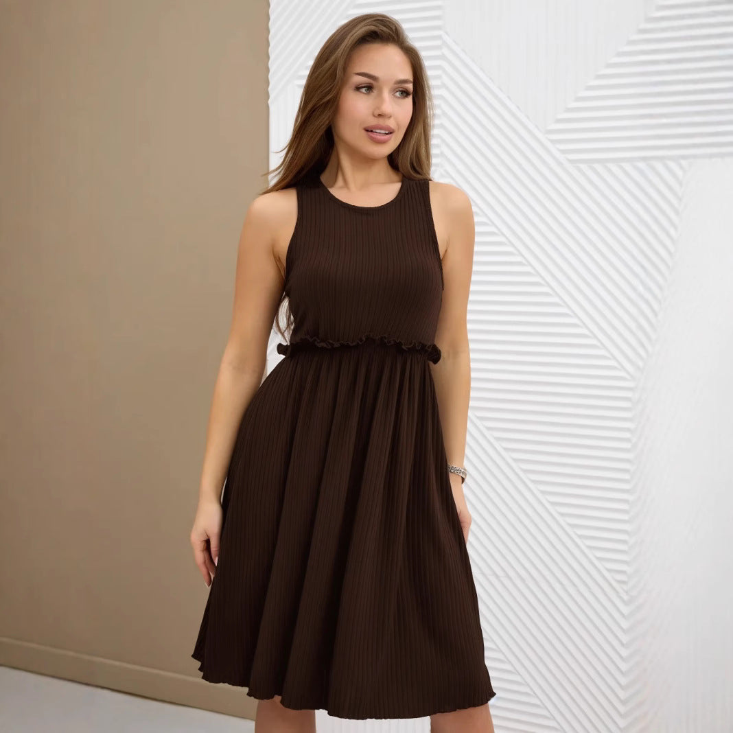 Robe midi femme – Sans manches – Coupe évasée – Col en V – Boutonnage – Ceinture