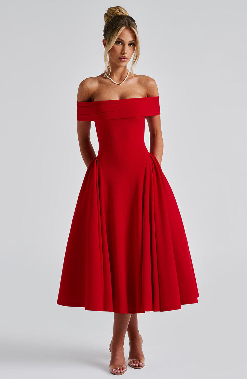 Robe midi femme – Épaules dénudées – Coupe évasée – Tissu structuré élégant