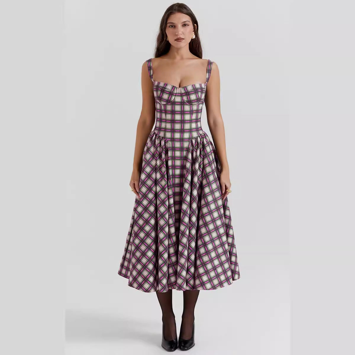 Robe longue femme – Tissu fluide respirant – Taille cintrée – Motif à carreaux – Poches pratiques