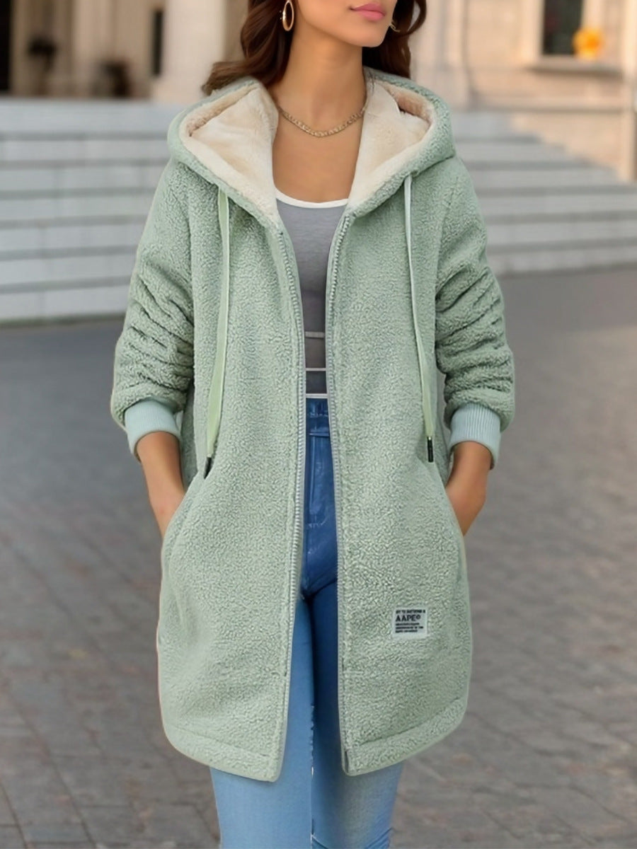 Veste mi-longue femme – Coupe oversize – Effet peau lainée – Capuche zippée