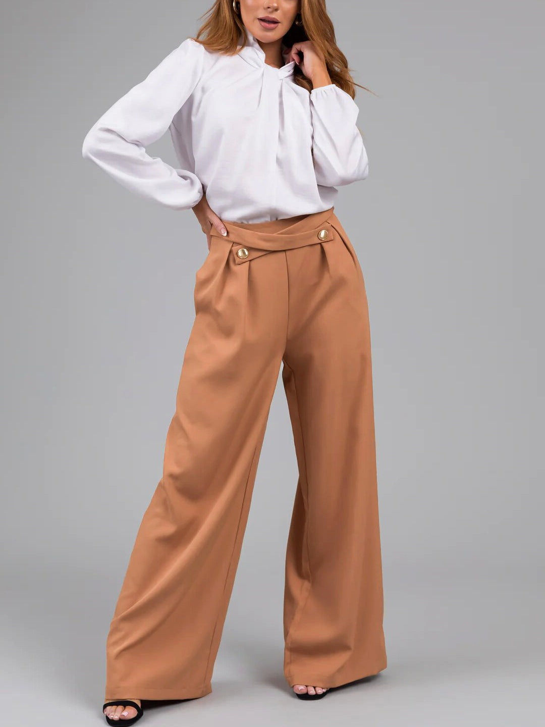 Pantalon femme large – Taille haute – Boutons décoratifs – Coupe fluide longue