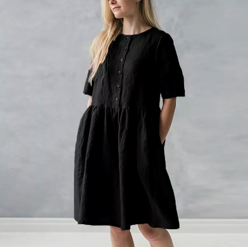 Robe midi femme – Coupe décontractée – Coton lin – Manches courtes – Boutons et poches