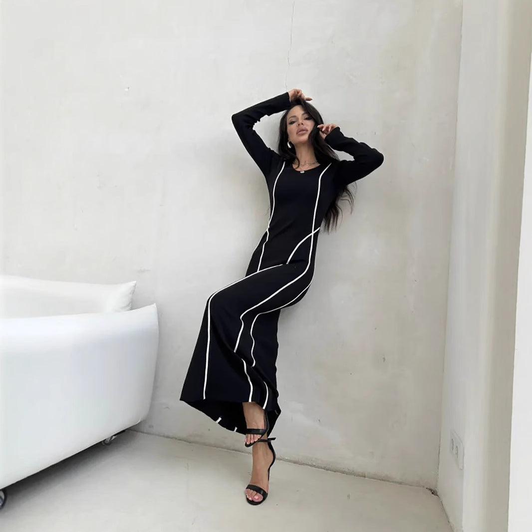 Robe moulante femme – Col rond – Manches longues – Coupe slim – Lignes contrastées