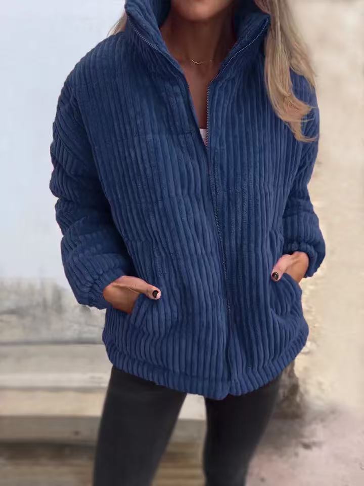 Veste femme en velours côtelé – Coupe décontractée – Longueur courte – Col montant – Fermeture zippée