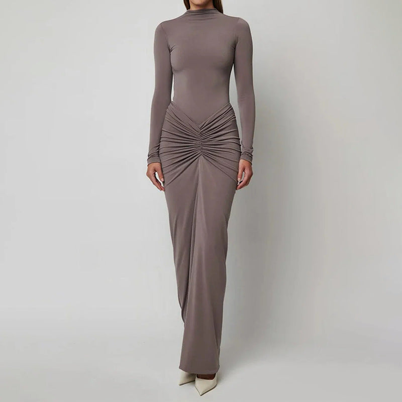Robe moulante femme – Coupe ajustée – Manches longues – Col roulé – Taille froncée