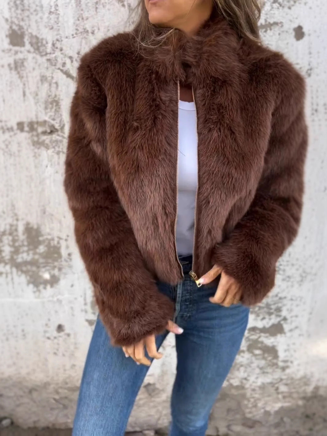 Veste femme en fausse fourrure – Coupe décontractée – Col montant – Manches longues