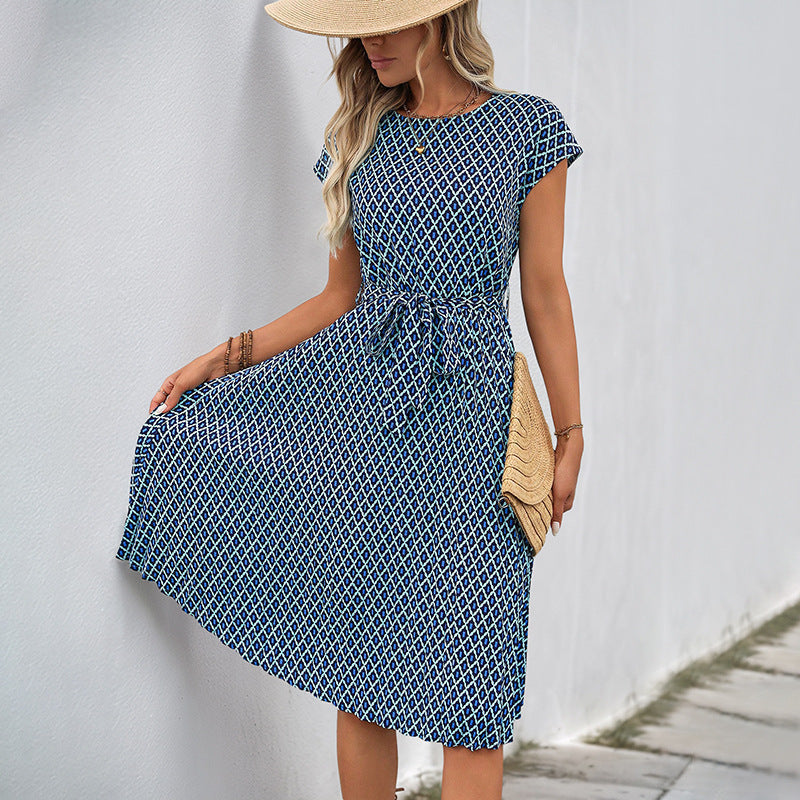 Robe midi femme – Coupe décontractée – Taille ceinturée – Manches courtes – Tissu respirant – Motif graphique