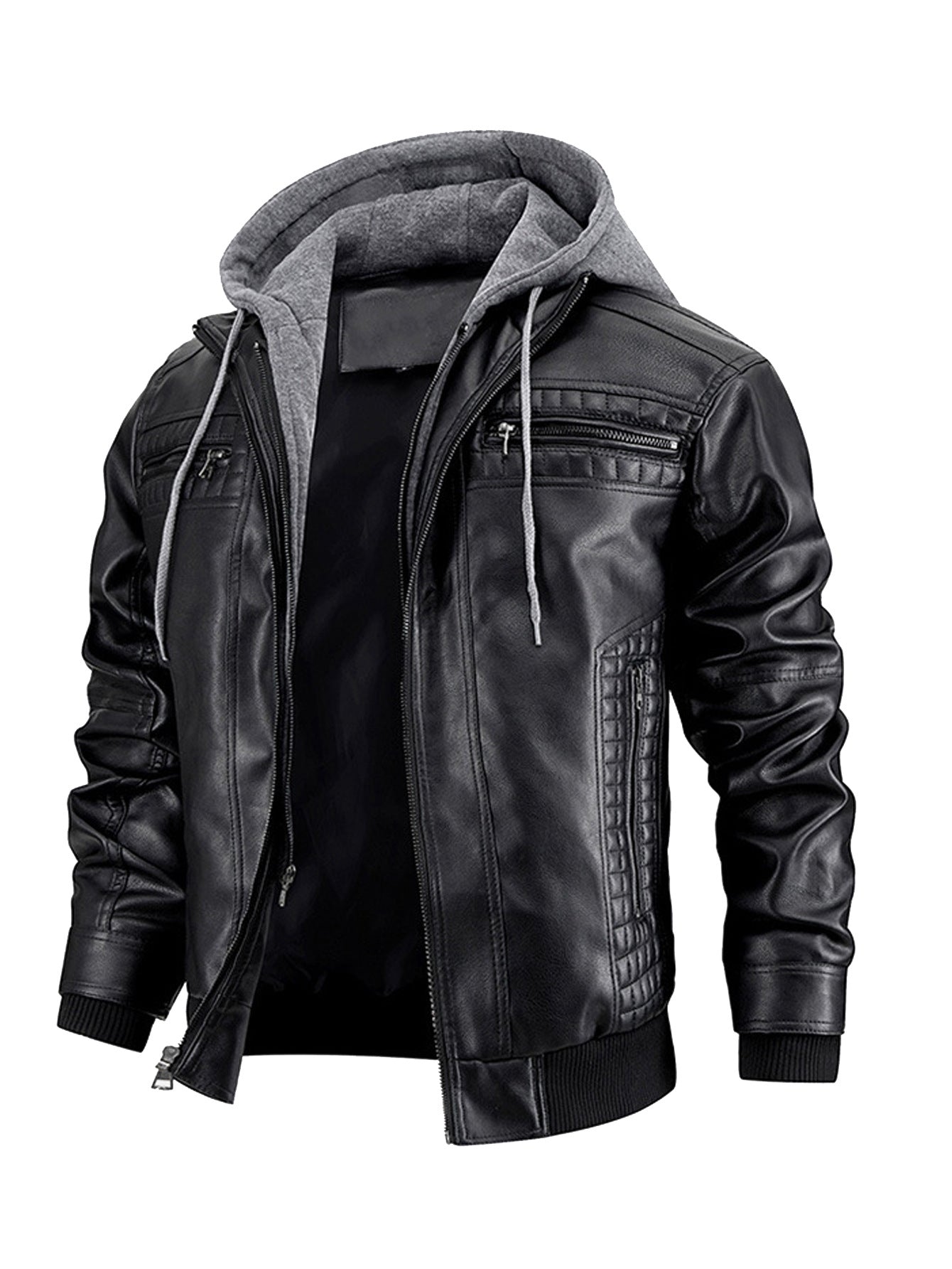 Veste en cuir à capuche pour homme - Fermeture éclair sur le devant - Vêtements d'extérieur décontractés