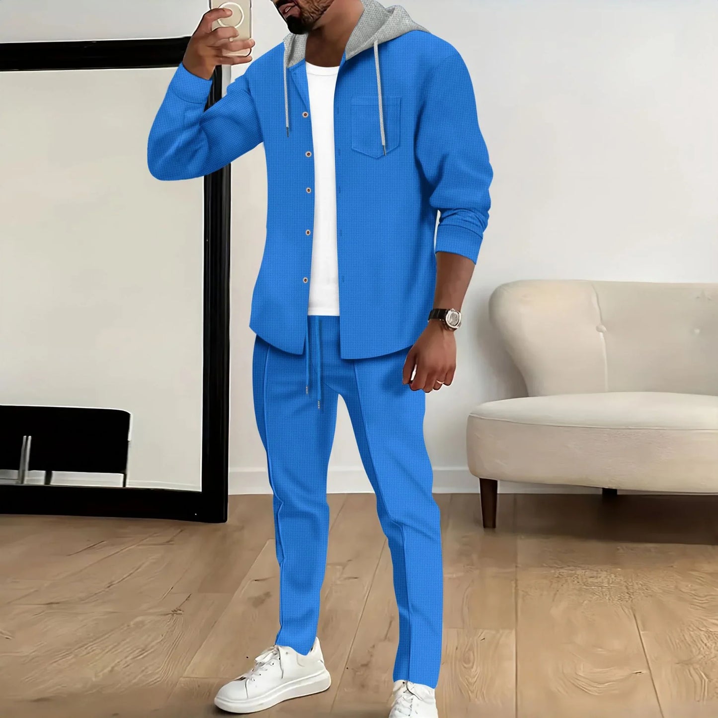 Ensemble veste à capuche et pantalon homme – Coupe décontractée – Coton – Fermeture boutonnée – Taille à cordon