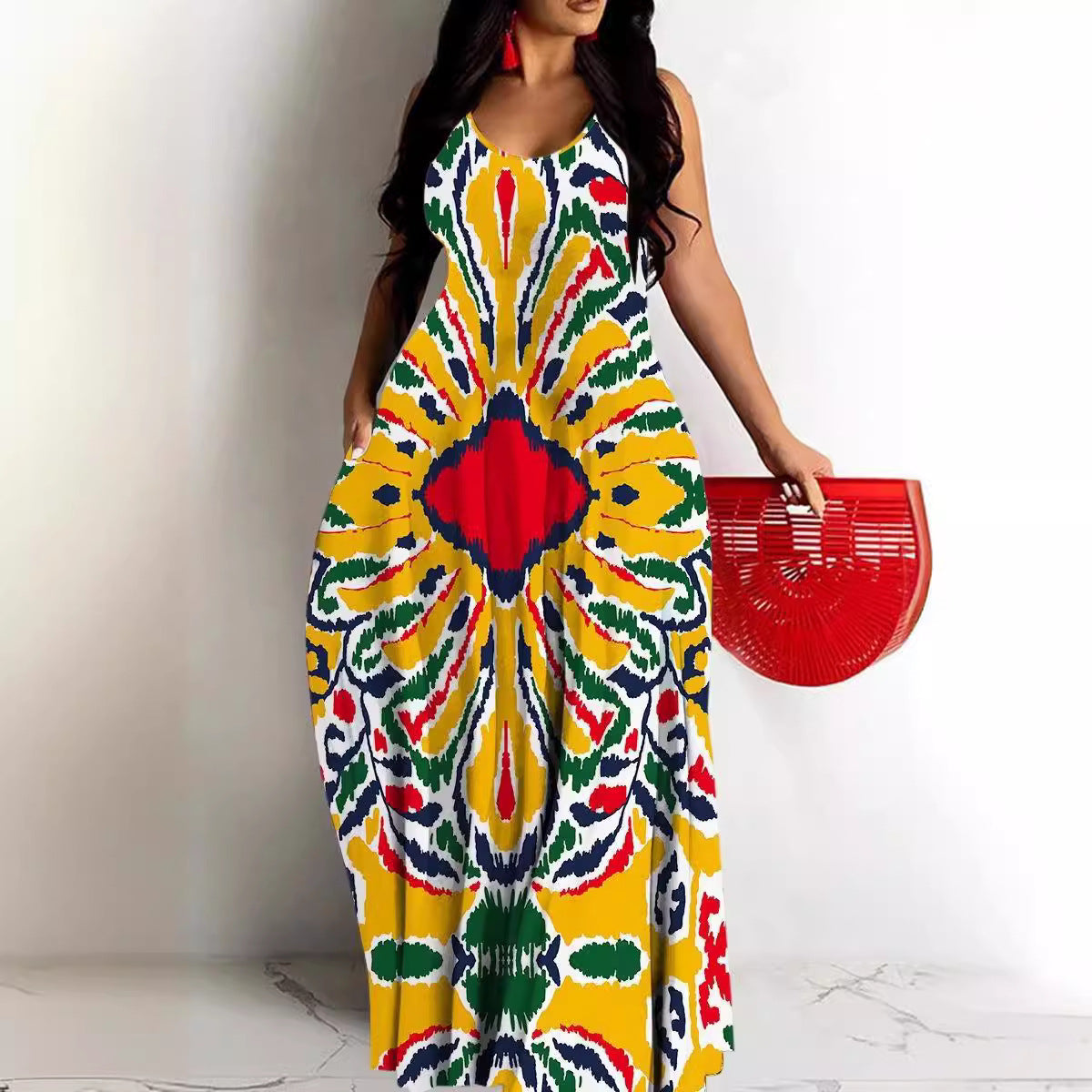 Robe longue femme – Coupe fluide – Décolleté en V – Bretelles fines – Imprimé abstrait