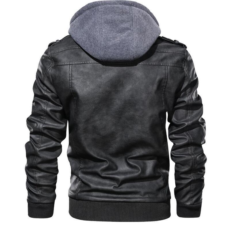 Veste en cuir à capuche pour homme - Fermeture éclair - Coupe décontractée