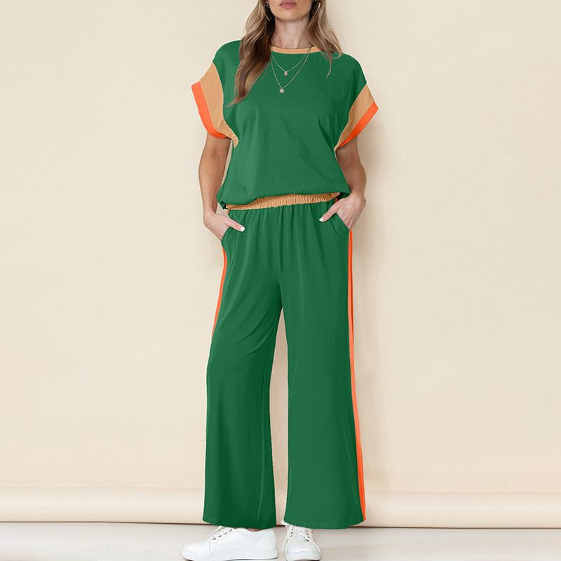 Ensemble Femme – Tissu Léger – Haut Manches 3/4 – Pantalon Évasé 7/8 – Détail Contraste