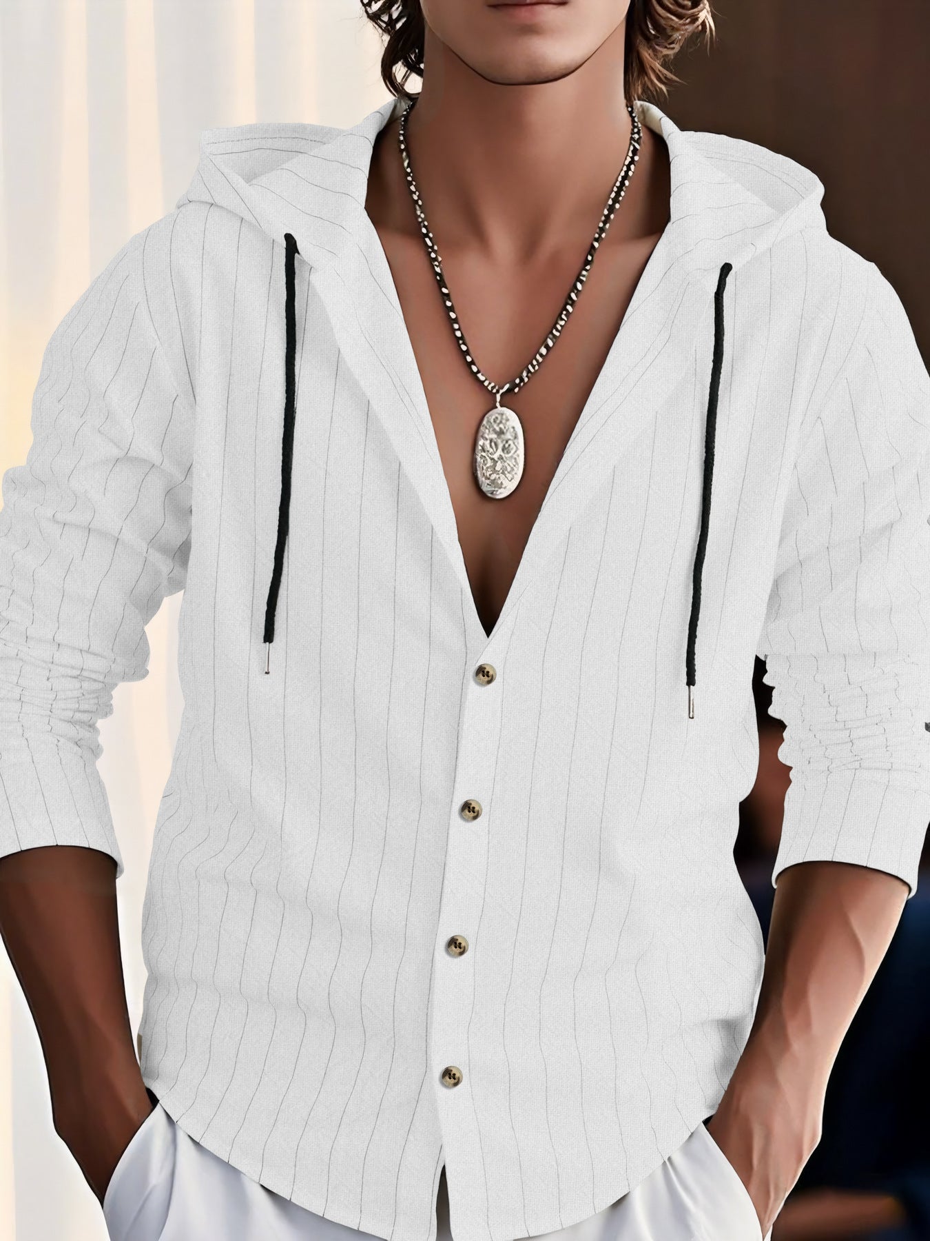 Blouse à Capuche Homme – Coupe Ample – Coton – Fermeture Boutonnée – Tissu Texturé