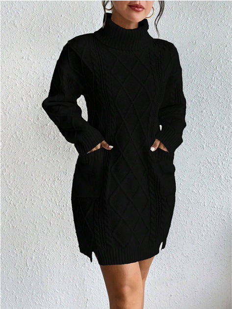 Robe pull femme – Coupe slim – Tricot torsadé – Col haut – Manches longues