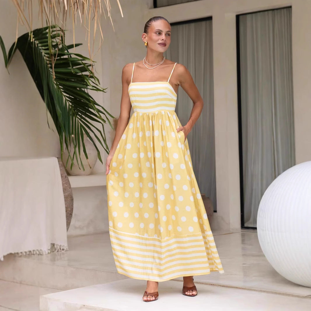 Robe longue femme – Coton léger – Coupe évasée – Bretelles fines – Motifs mixtes