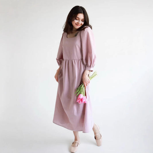 Robe femme – Coton léger – Coupe ample – Manches longues bouffantes – Col carré – Longueur midi