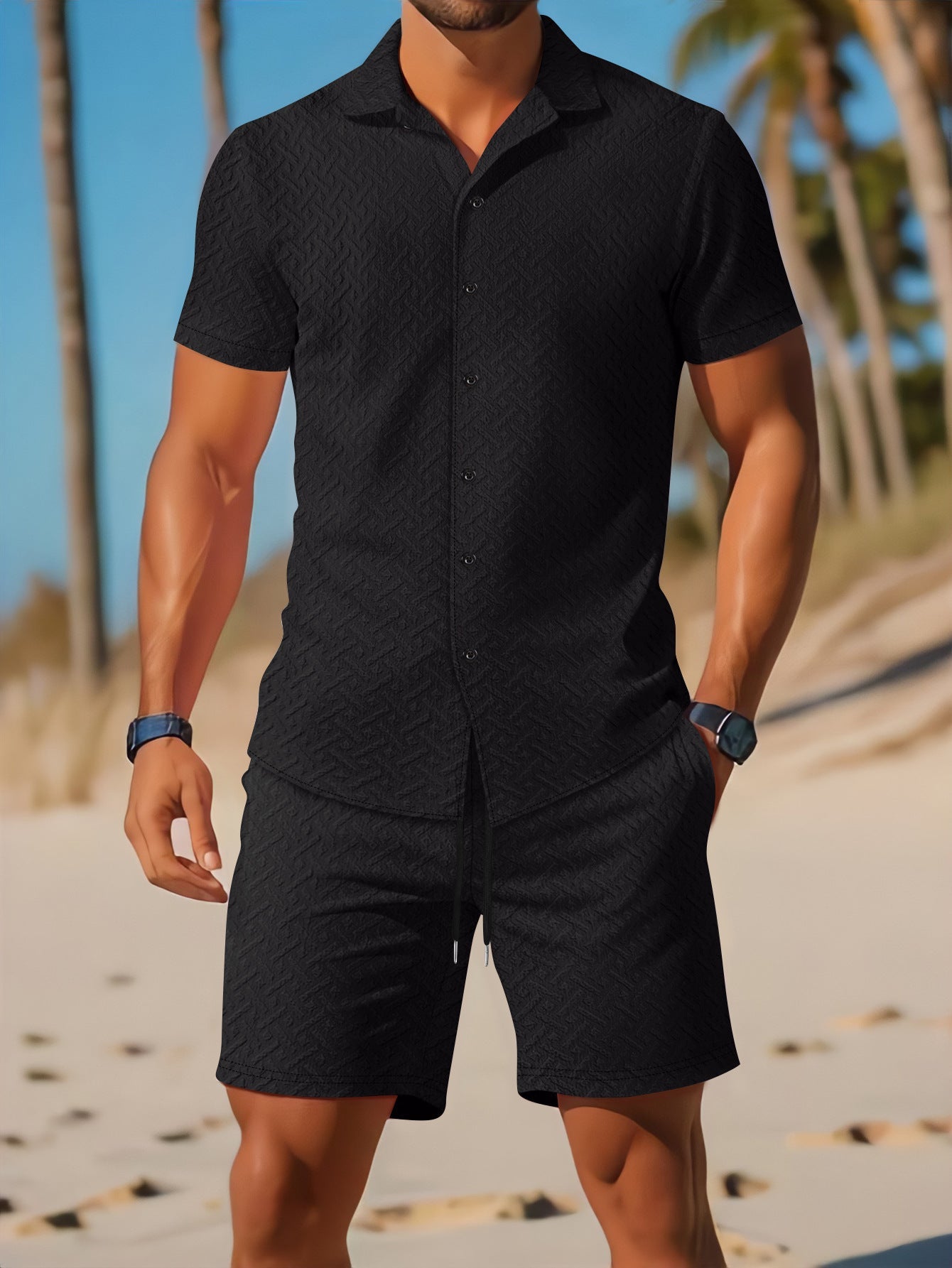 Ensemble Chemise et Short Homme – Coupe Slim – Texture Gaufrée – Tissu Respirant