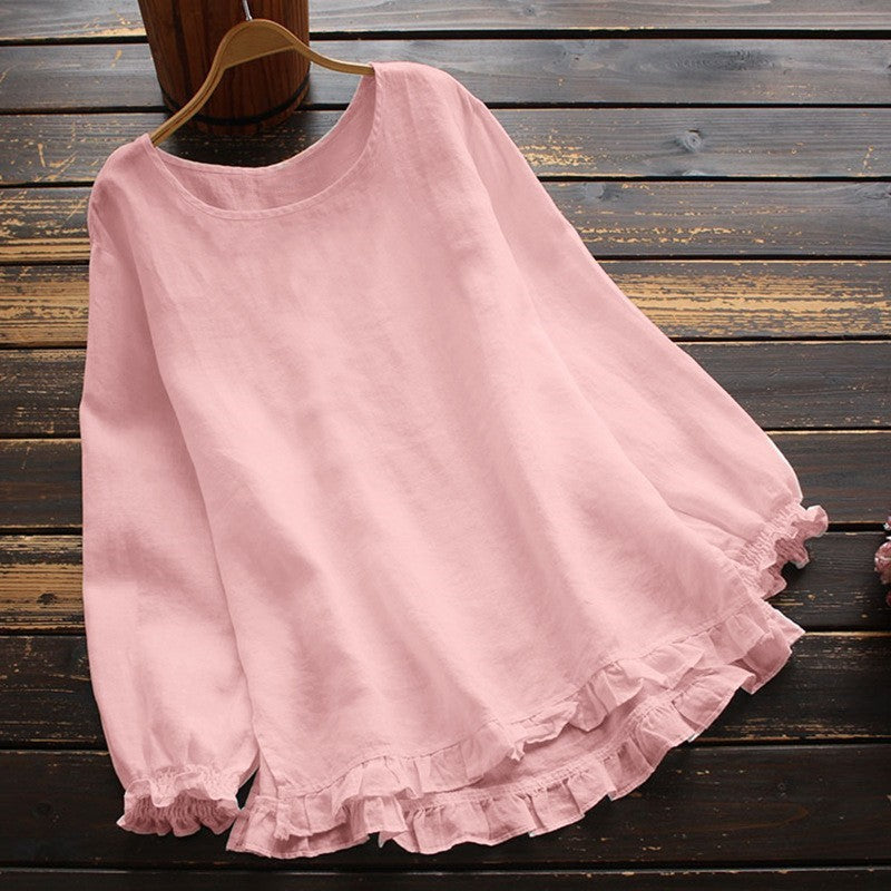 Blouse femme – Coupe ample – Manches longues – Linnen coton – Volants élégants
