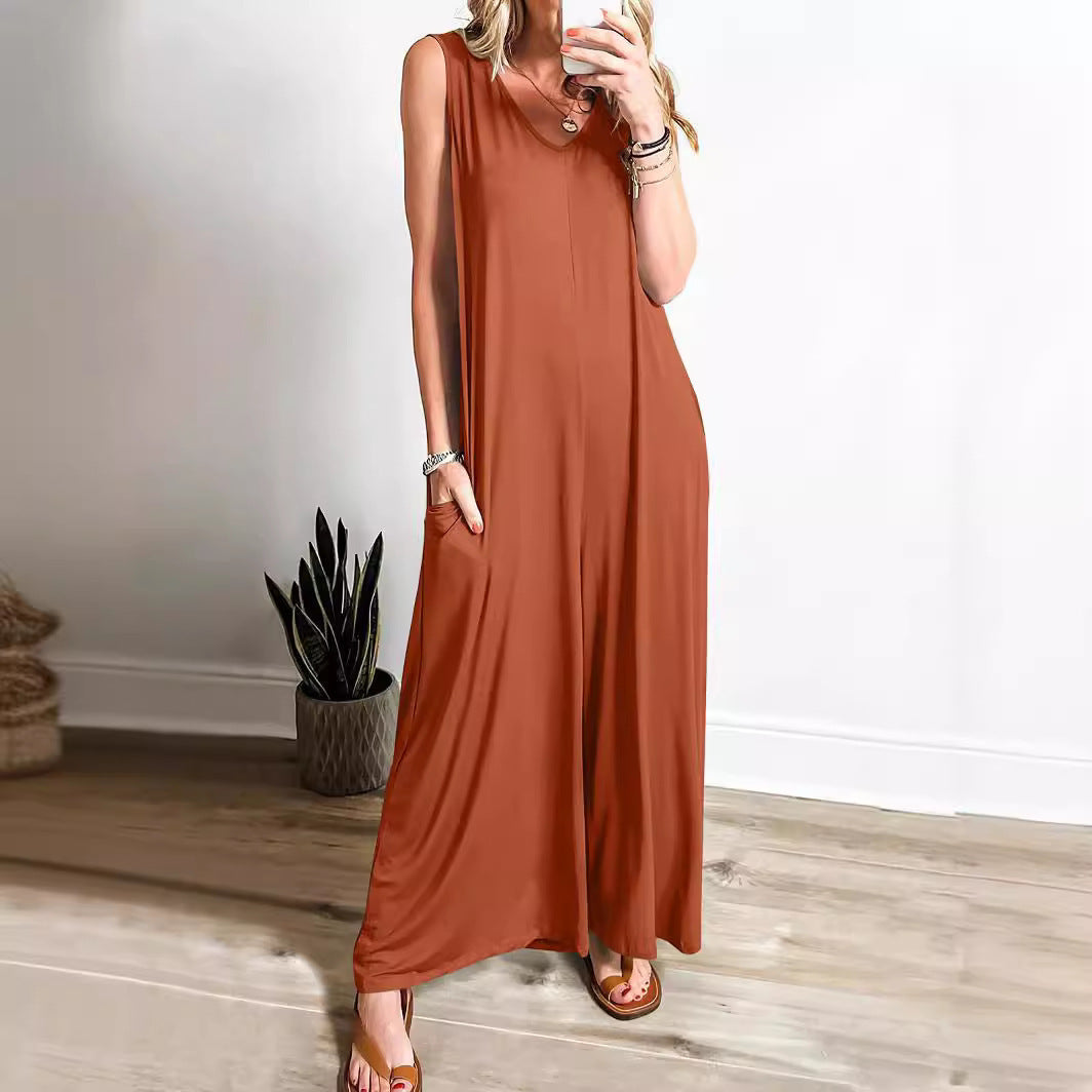 Robe longue femme – Sans manches – Décolleté en V – Coupe fluide – Maille douce avec poches