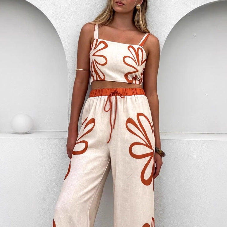 Ensemble Femme Débardeur Côtelé et Pantalon Large – Imprimé Floral – Tissu Léger