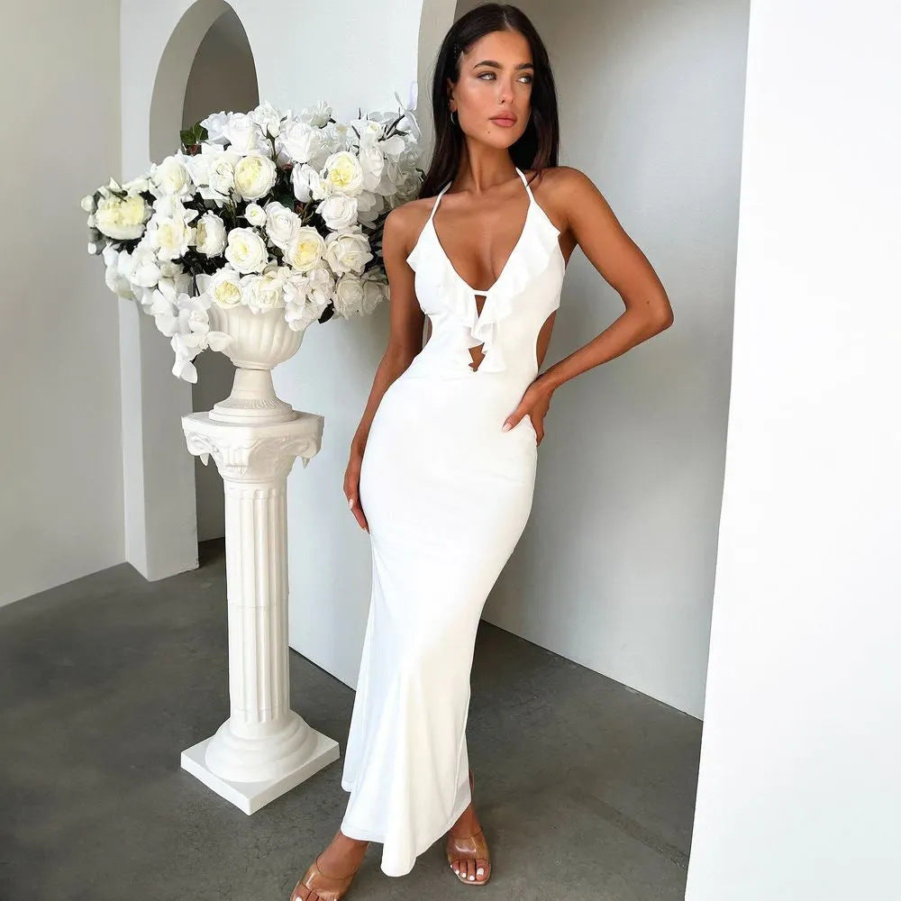 Robe longue femme – Coupe ajustée – Décolleté à volants – Découpe frontale – Bretelles réglables