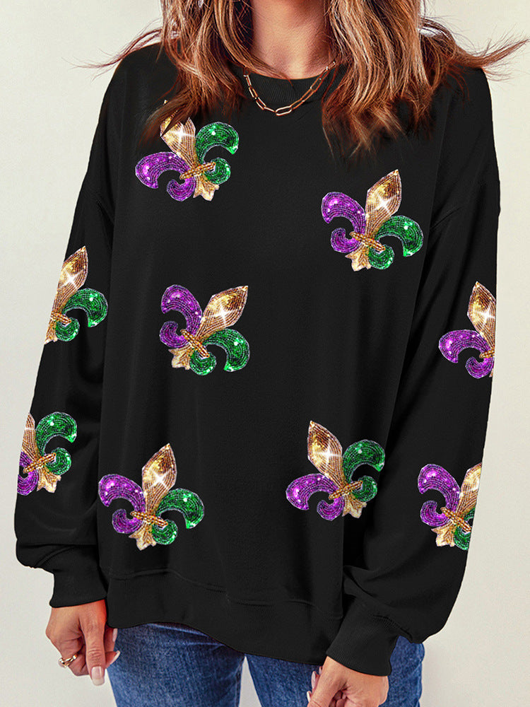 Sweatshirt femme – Coupe décontractée – Motif à sequins – Col rond – Manches longues