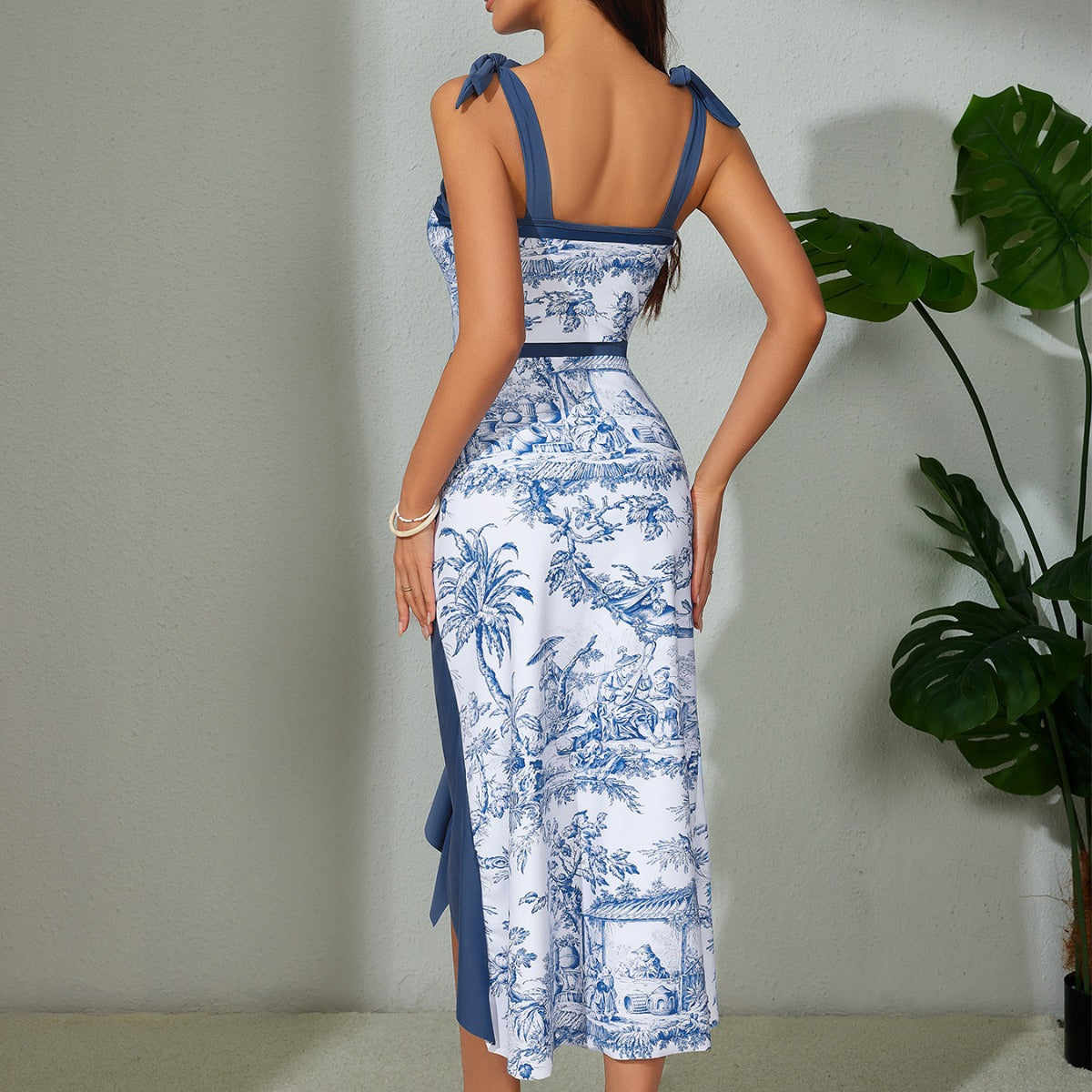 Robe midi femme – Coupe slim – Imprimé élégant – Volant – Bretelles à nouer
