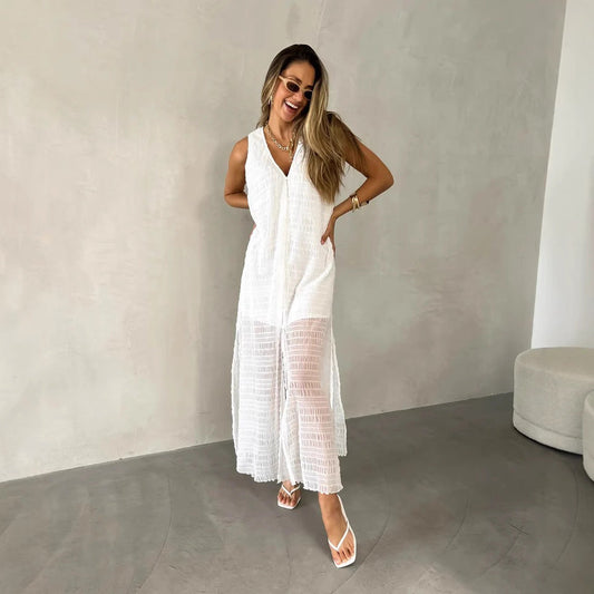 Robe longue femme – Dentelle élégante – Sans manches – Décolleté en V – Fente frontale