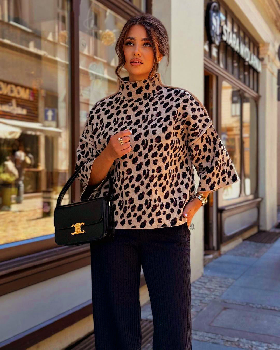 Pull femme – Maille douce – Coupe ample – Col montant – Imprimé léopard – Manches 3/4