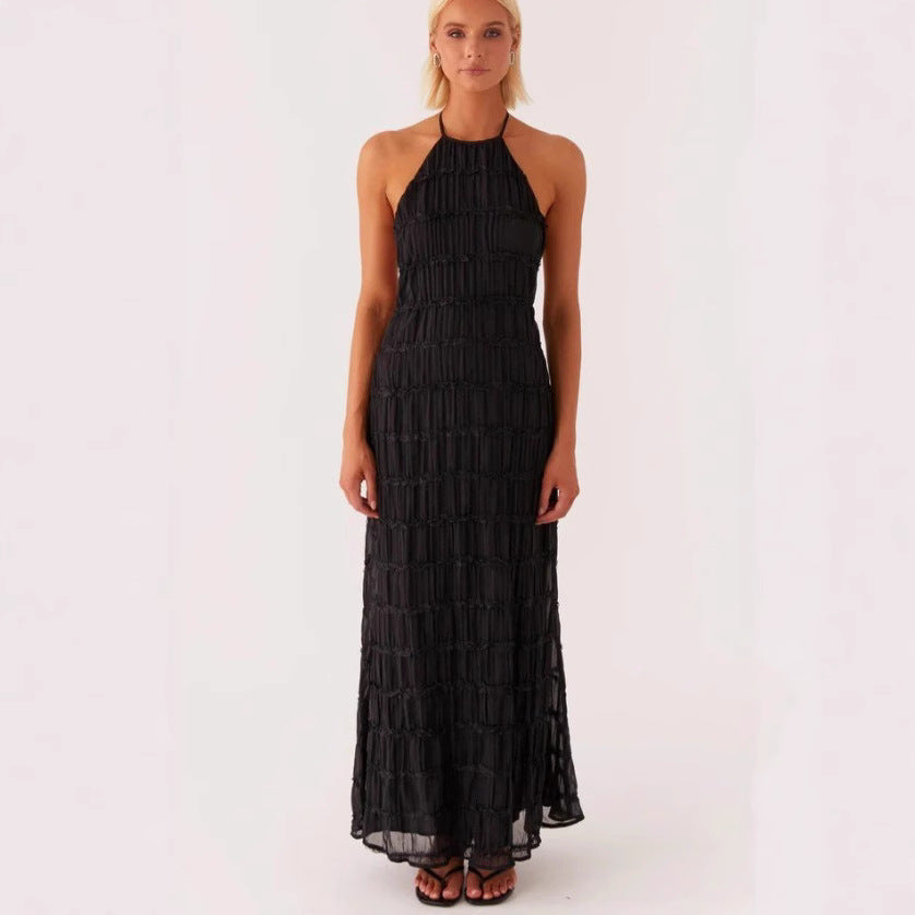 Robe longue femme – Col halter – Taille cintrée – Dentelle – Tissu fluide léger