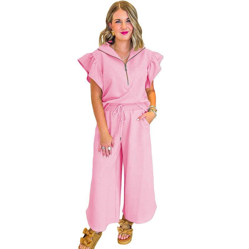 Ensemble Femme Décontracté – Haut Zip Volants Col Chemise – Pantalon Large Cordon