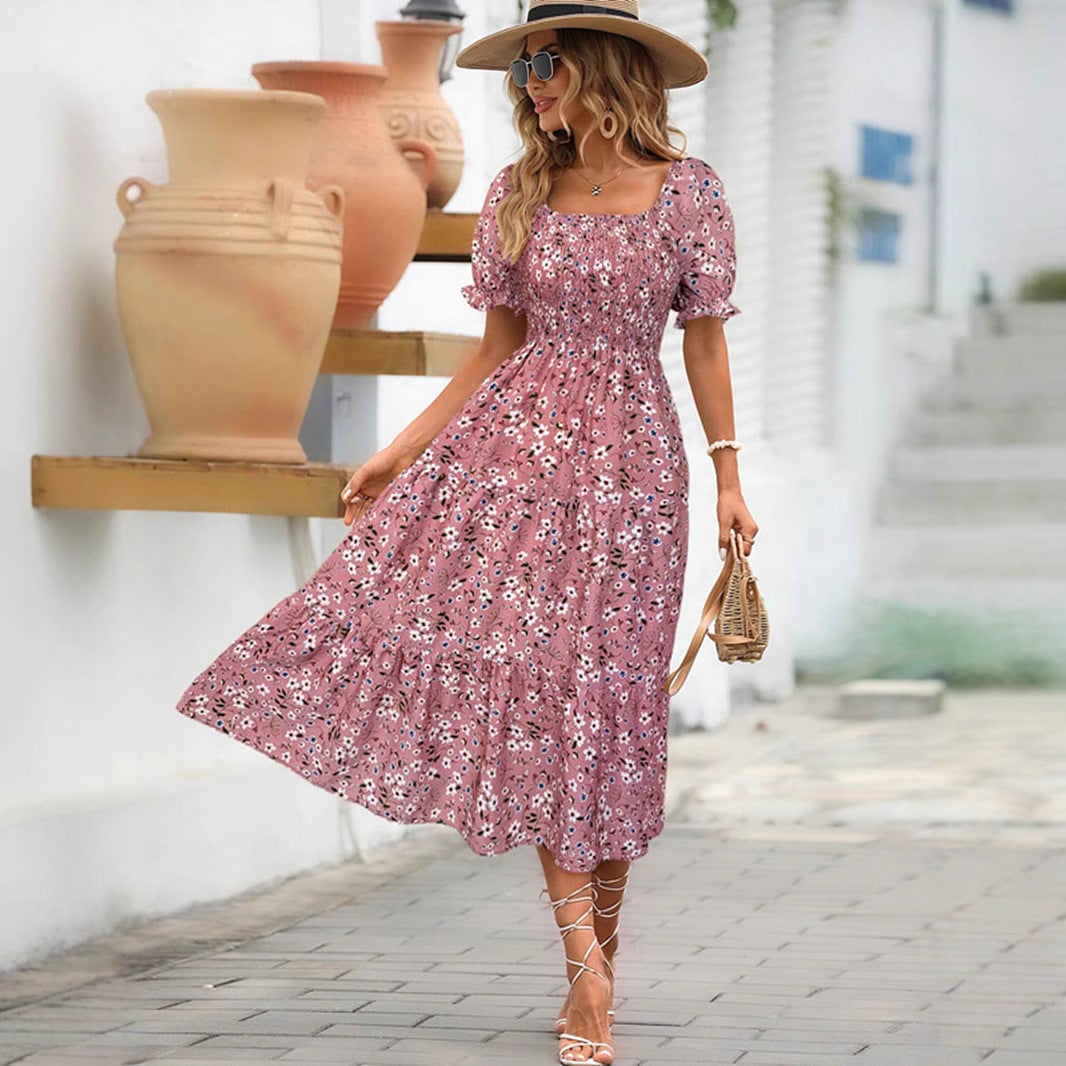 Robe midi femme – Taille empire – Manches bouffantes – Imprimé fleuri – Coton mélangé