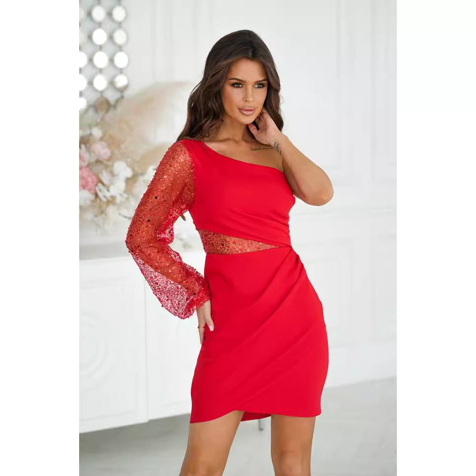 Robe Mini Femme – Coupe Bodycon – Épaule Dénudée – Manche Voile à Sequins