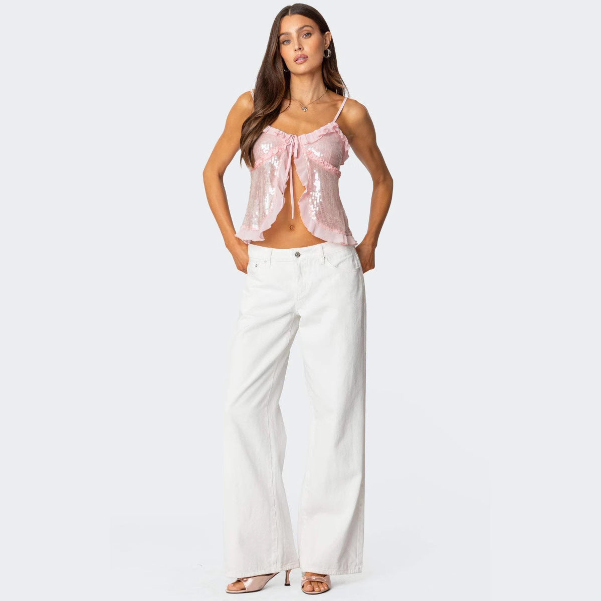 Top court dos nu femme – Sequins brillants – Coupe ajustée – Volants décoratifs