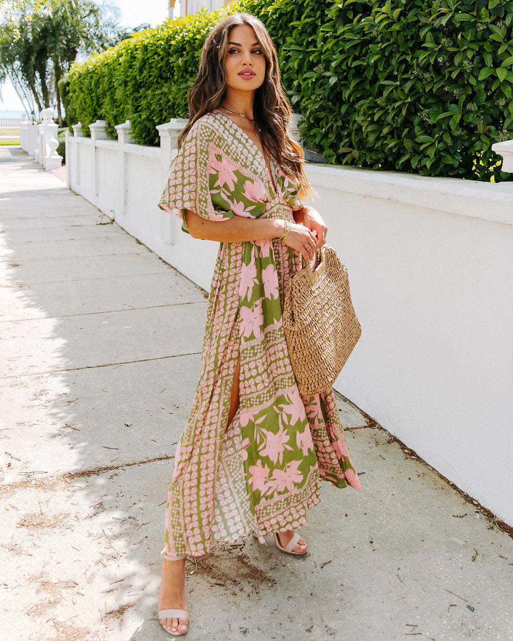Robe longue femme – Taille haute – Décolleté cache-cœur – Fente latérale – Imprimé fleuri