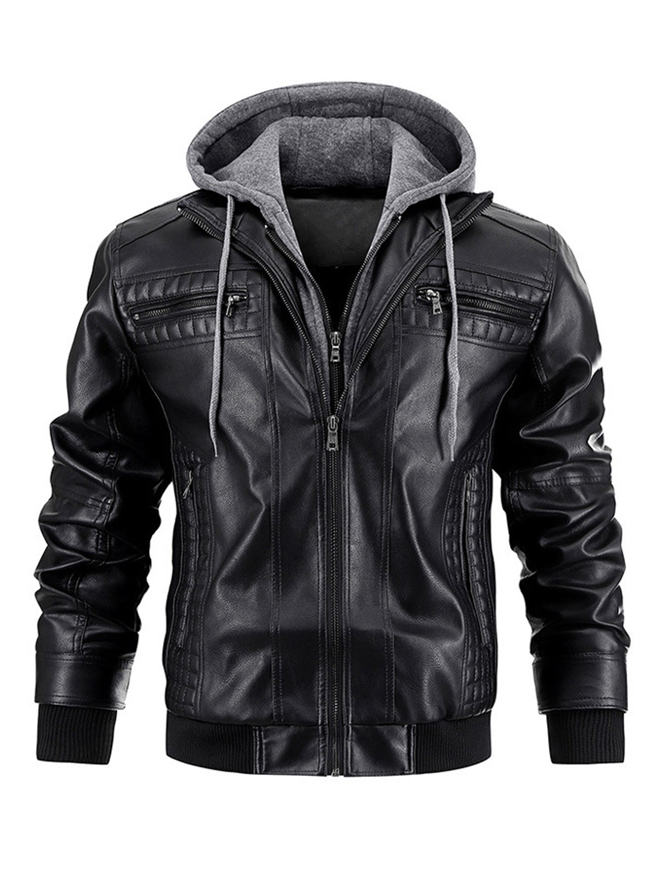 Veste en cuir à capuche pour homme - Fermeture éclair sur le devant - Vêtements d'extérieur décontractés