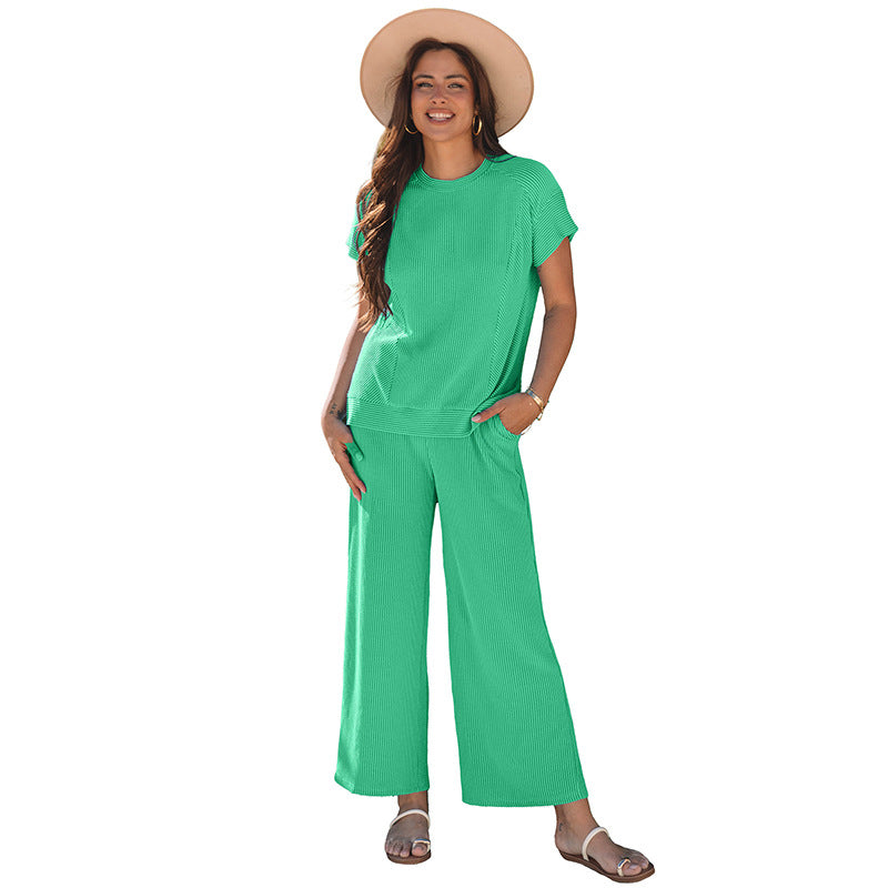 Ensemble Femme Deux Pièces – Maille Côtelée – Haut Manches Courtes – Pantalon Large