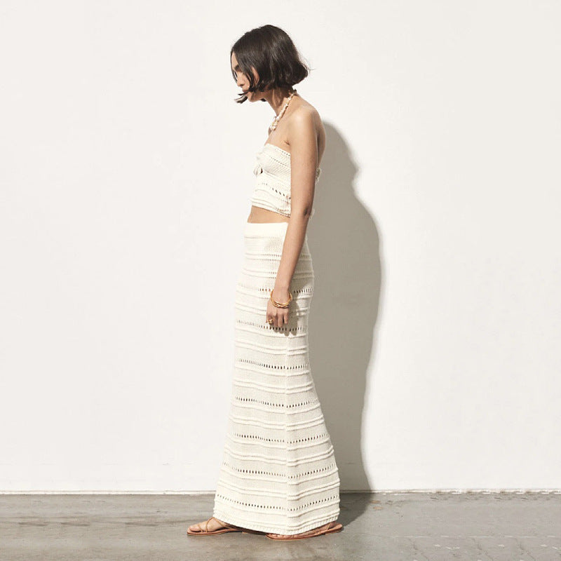 Ensemble Deux Pièces Femme – Crochet Respirant – Bandeau Twist – Jupe Midi Taille Haute