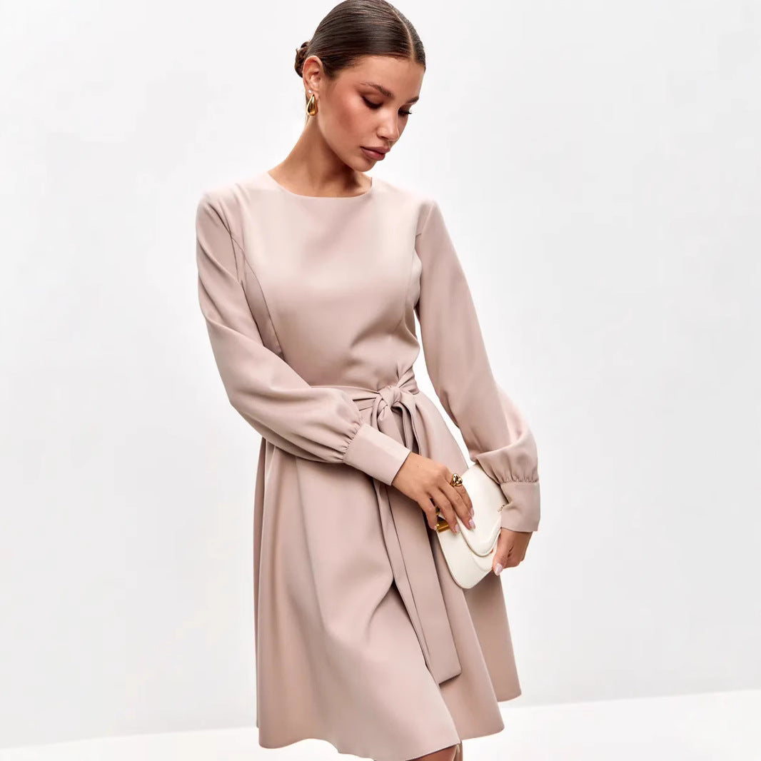 Robe Midi Femme – Coupe Cintrée – Manches Longues – Ceinture à Nouer – Élégante