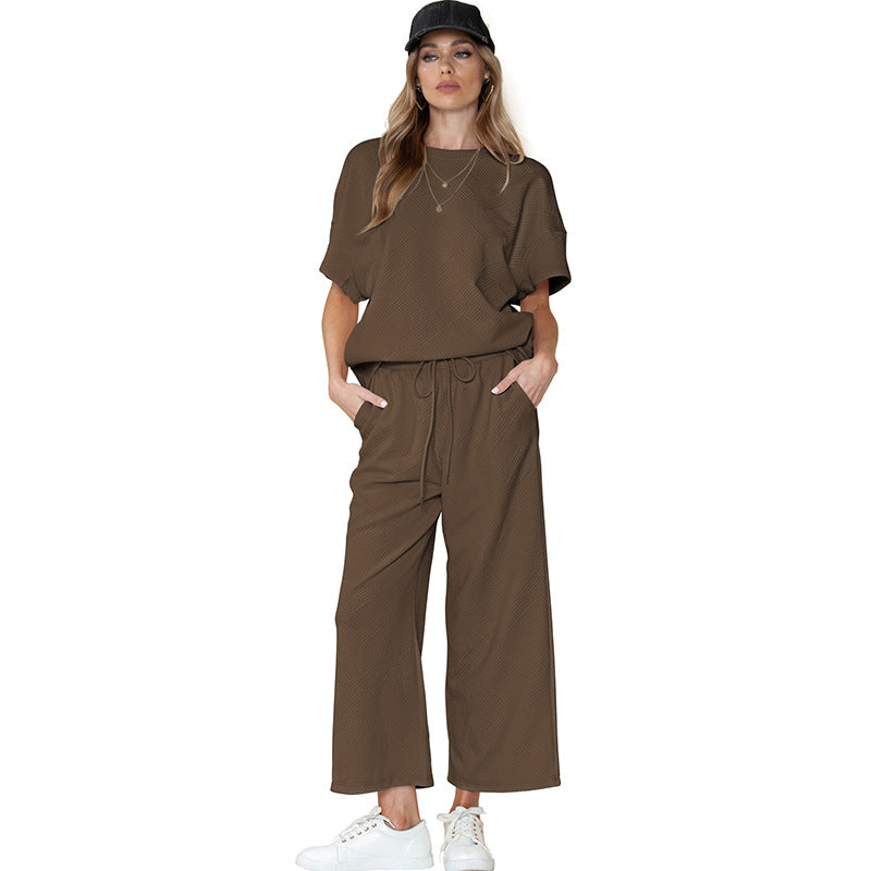Ensemble Femme Décontracté – Tissu Texturé Léger – Coupe Ample – Taille Cordon Ajustable