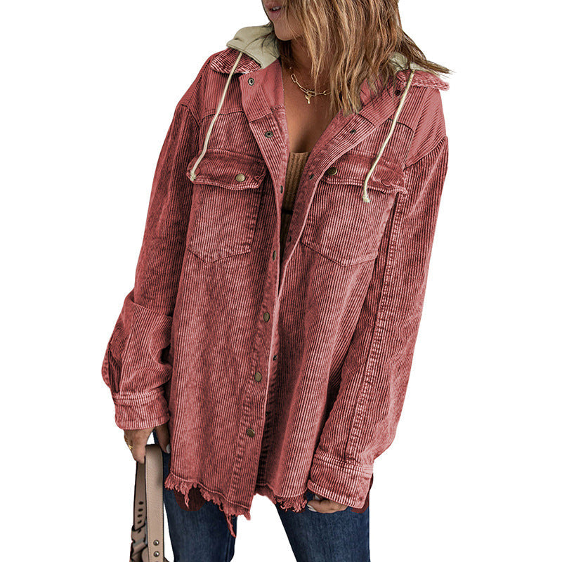 Veste à capuche femme – Coupe oversize – Velours côtelé – Ourlet effiloché – Boutons